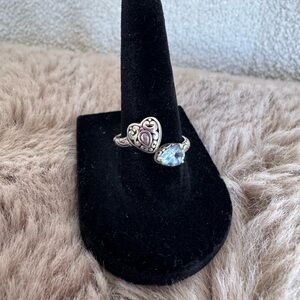 925 Sterling Silver Adjustable Ring Blue Topaz & Heart Filigree Handmade in Bali